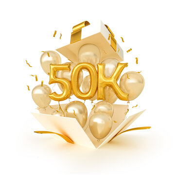 Golden balloons in celebration of 50k followers. Gift box with flying balloons. 3d illustration