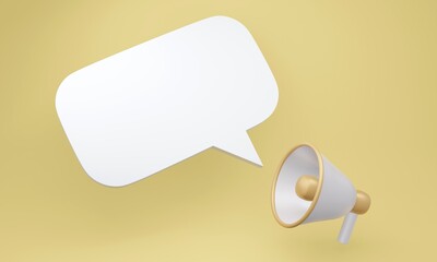 3D rendering concept of announcement, a megaphone and a speech bubble icon for commercial design. Yellow theme. 3D Render. 