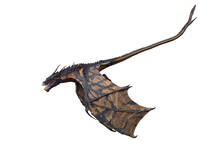 Wyvern Or Dragon Fantasy Creature Seen From The Side Flying Down With Mouth Open. 3D Illustration Isolated On White.