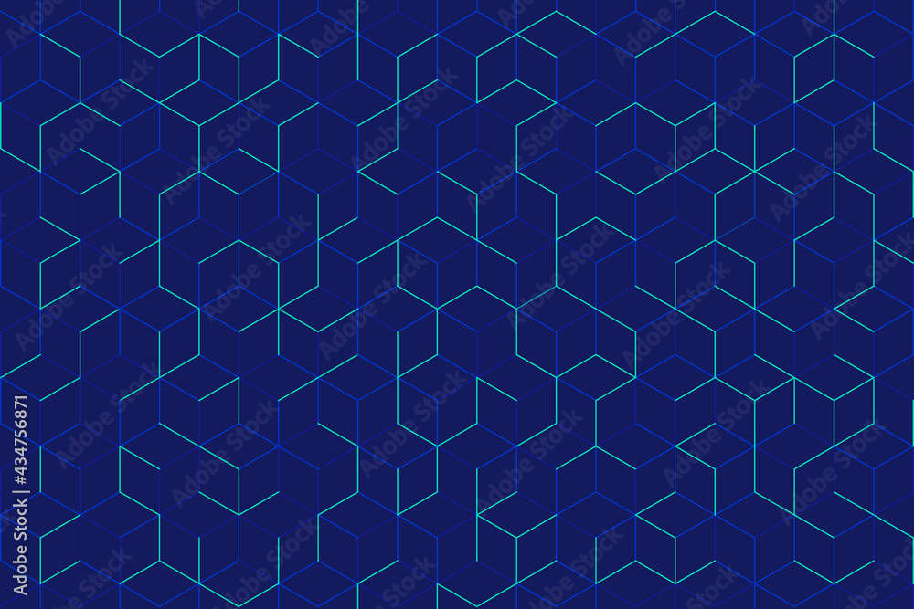 Abstract green cube pattern on dark blue background. Modern lines ...