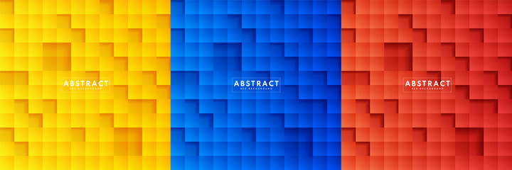 Wall Mural - set of abstract embossed yellow, blue, red square background in paper cut style. simple light and sh