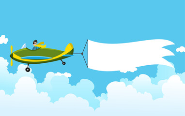 Retro airplane with a banner. Biplane aircraft pulling advertisement banner. Plane with white ribbon for message area.  illustration