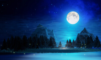 Wall Mural - Wide grasslands with pine trees and mountains alternate in background. Full moon night bright stars are filling the sky. Night mountain scenery with fireflies flying above the ground. 3D Rendering
