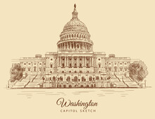 Sketch Of Capitol Building In Washington, USA, Hand-drawn.