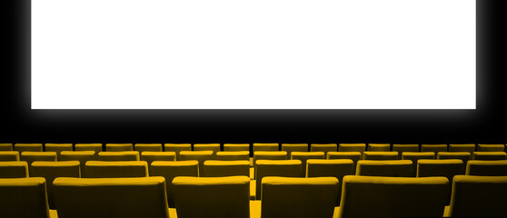 Wall Mural - Cinema movie theatre with yellow seats and a blank white screen. Horizontal banner