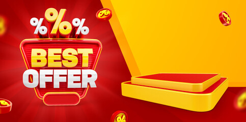 Wall Mural - Banner Red and yellow Best Offer isolated on white background with percentages icons. 3d illustration