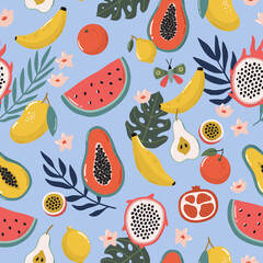 Tropical seamless pattern. Beautiful summer background. Hand drawn vector illustration.