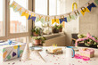 © Yakobchuk Olena - Birthday party table with birthday cake with candles, balloons and colored decor