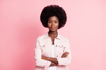 Poster - Portrait of pretty content cheery wavy-haired girl employer folded arms isolated on pink pastel color background