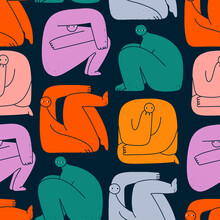 Various Strange Creatures Or People Or Persons With Long Arms And Small Heads. Cute Disproportionate Characters In Different Poses. Hand Drawn Vector Illustration. Square Seamless Pattern