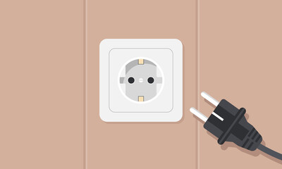 Electrical socket on wall at home with unplugged cable about to be plugged in. House electricity and power concept. Vector illustration.