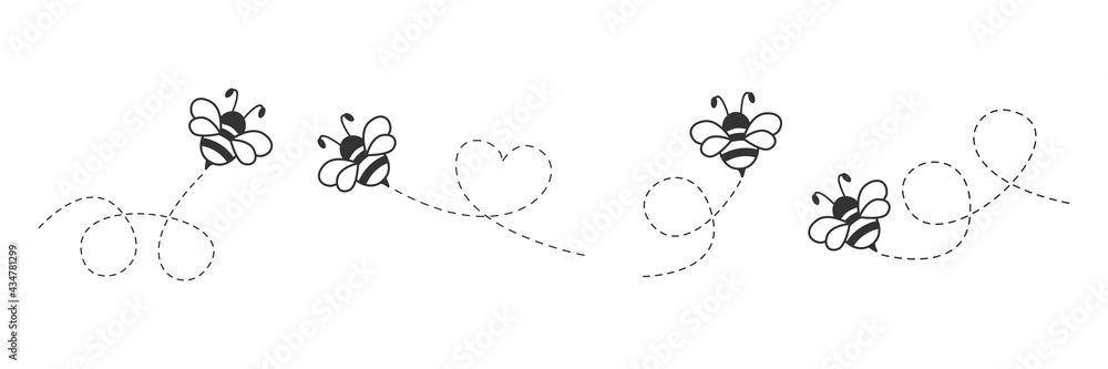 Cartoon bee icon set. Bee flying on a dotted route isolated on the white background. Vector illustration. - obrazy, fototapety, plakaty 