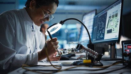 Modern Electronics Facility: Beautiful Black Female Scientist, Engineer Does Printed Curcuit Motherboard Soldering. Does Design, Development of Industrial PCB, Silicon Microchips, Semiconductors