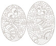 Set of contour illustrations in stained glass style with cute cartoon cats, dark outlines on a white background, oval image