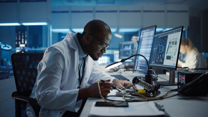 Wall Mural - Modern Electronics Research, Development Facility: Black Male Engineer Does Computer Motherboard Soldering. Scientists Design PCB, Silicon Microchips, Semiconductors. Medium Closeup Shot