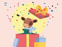 Cute Bull Symbol Of The Year Jumps Out Of The Gift Box