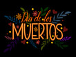 Illustration for the day of the dead, lettering on a black background, decorated with botanical elements, colorful leaves and flowers. Postcard, poster for the holiday dia de los muertos 