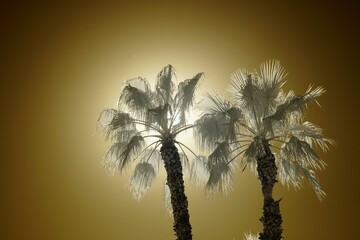 A infrared view of two palm trees backlit by the sun.