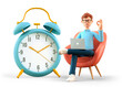 © Rinat Khairitdinov - 3D illustration of happy man with laptop showing ok gesture and sitting in armchair nearby a huge vintage alarm clock. Businessman making in time. Deadline, project limit, task due dates.