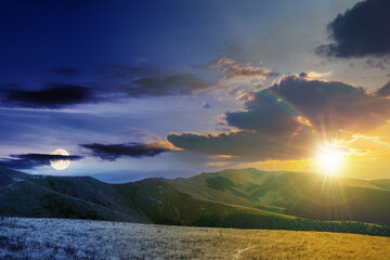 Wall Mural - day and night time change concept above mountain landscape in summer. grassy meadows on the hills ro