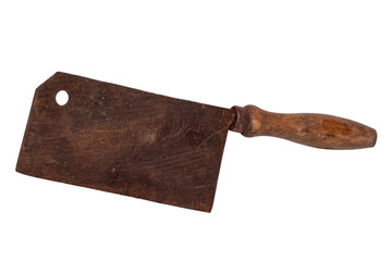 Macro of a rusty old butcher cleaver with wooden handle isolated on a white background. Vintage butcher or kitchen knife with clipping path.