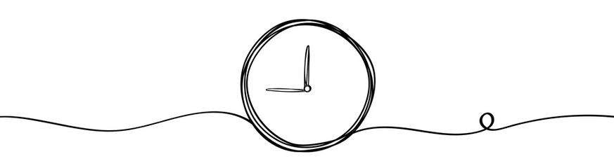 continuous one line drawing clock icon with doodle handdrawn style. self drawing. vector illustratio