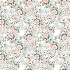  Seamless floral pattern drawn by paints on paper blooming branches of roses 