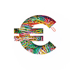 Euros money sign made of colorful rainbow paperclips and cut paper isolated on white. Typeface of office supplies