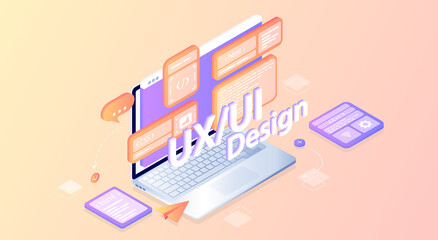 Creates a custom design for a application, ui ux design. Isometric. Development of applications, design. Programming equipment. Internet database, backup server. Web banner