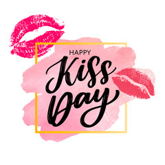 Sticker - Kiss me greeting card, poster with pink hand drawn watercolor lips. Vector background with ink hand lettering.