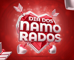 Canvas Print - Label for valentines day in Brazil. red heart with arrows and faceted heart. The phrase Dia dos Namorados means Valentine's Day. 3d illustration