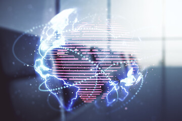 Wall Mural - double exposure of abstract digital world map hologram with connections on a modern boardroom backgr