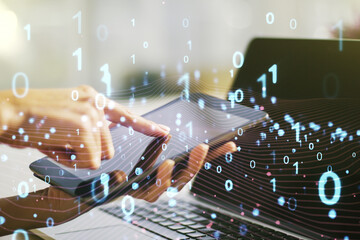 Wall Mural - creative concept of binary code illustration and finger clicks on a digital tablet on background. bi
