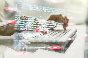 double exposure of abstract programming language hologram with hands typing on laptop on background,