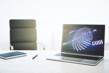 Modern computer display with abstract graphic fingerprint sketch, fingerprint scan data concept. 3D Rendering
