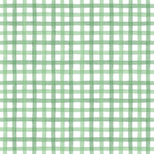 Green Watercolor Seamless Checkered Pattern. Vertical And Horizontal Crossed Stripes Background. Monochrome Backdrop. Rustic Tablecloth, Traditional Checkered Texture.