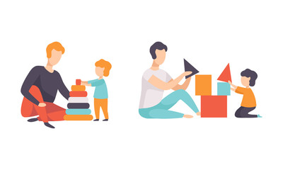 Sticker - Parents and their Kids Having Good Time Together Set, Dad Playing Pyramid and Toy Blocks with Son Flat Vector Illustration