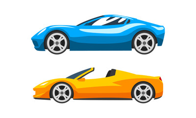 Wall Mural - Set of Sport Cars, Side View of Racing Cars Flat Vector Illustration