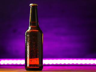 Wall Mural - Bottle of ice beer in water drops, neon back light, copy space, craft beer