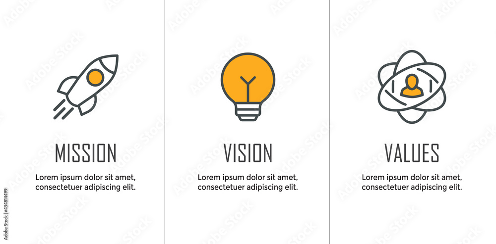Mission Vision and Values Icon Set with mission statement, vision icon, etc - obrazy, fototapety, plakaty 