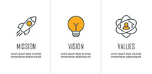 Mission Vision And Values Icon Set With Mission Statement, Vision Icon, Etc