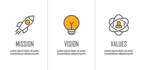 mission vision and values icon set with mission statement, vision icon, etc