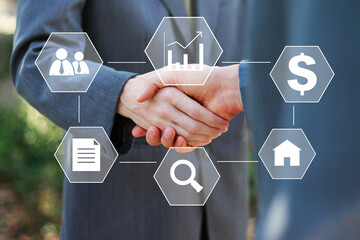 Businessman join the hand for collaboration teamwork handshake and support with business icon for business concept