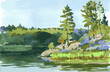 © asmakar - Vector watercolor landscape of riverside with pine tress in summer