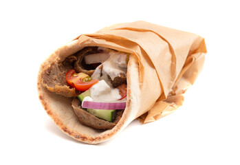 A Gyro with Vegetables and Garlic White Sauce on a White Background