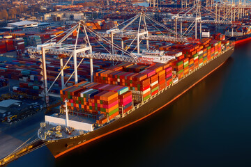 Aerial view of colorful containers on a cargo ship at port of Southampton, one of the UK’s Leading Port Terminal Operators and this container terminal is Britain's second largest deep sea terminal.