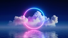 3d Render, Fantasy Background With Glowing Neon Ring And White Cloud Above The Calm Water. Abstract Seascape