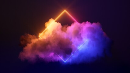 Wall Mural - 3d render, abstract minimal background with pink blue yellow neon light square frame with copy space, illuminated stormy clouds, glowing geometric shape