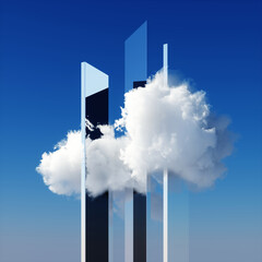 Wall Mural - 3d render, abstract minimal blue background with three vertical mirror shapes and white cloud