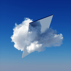 Wall Mural - 3d render, abstract minimal blue background with white cloud going through square mirror